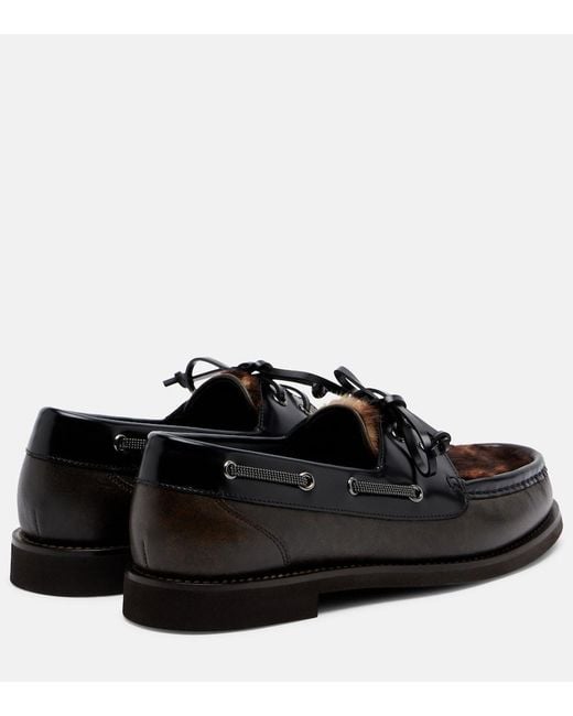 Brunello Cucinelli Black Monili Calf Hair-Trimmed Leather Boat Shoes