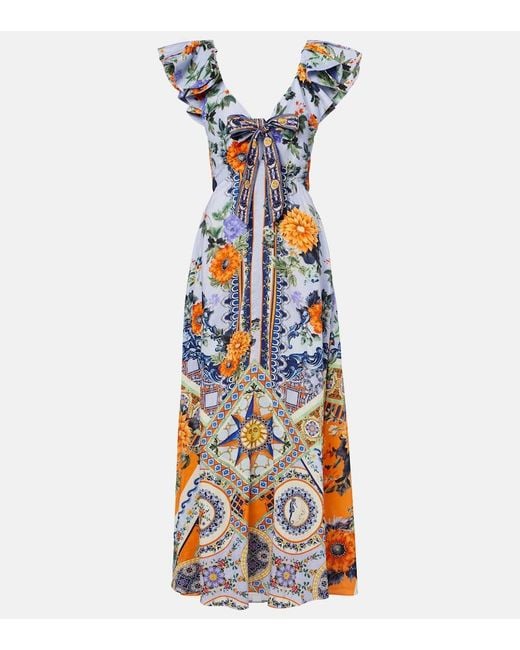 Camilla Blue Printed Linen And Silk Maxi Dress