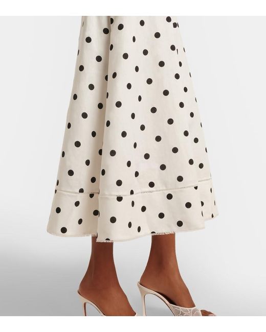 Self-Portrait White Polka-Dot Linen And Cotton Midi Dress