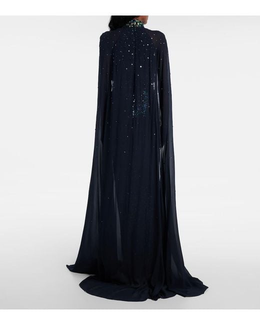 Jenny Packham Blue Thea Caped Sequined Gown