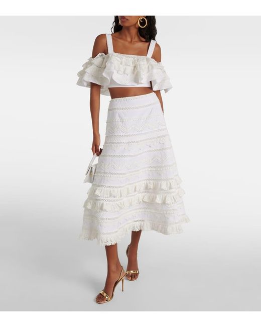 Gonna midi in cotone con volant di Carolina Herrera in White