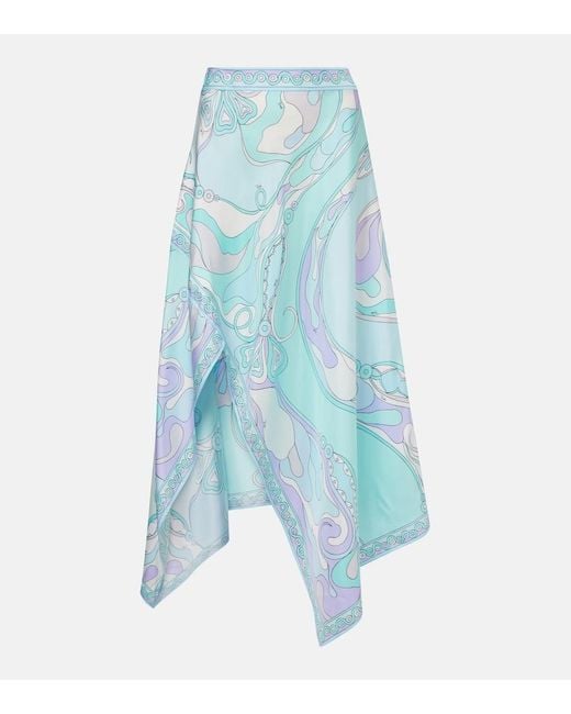 PUCCI Orchidee Asymmetric Silk Twill Maxi Skirt in Blue | Lyst
