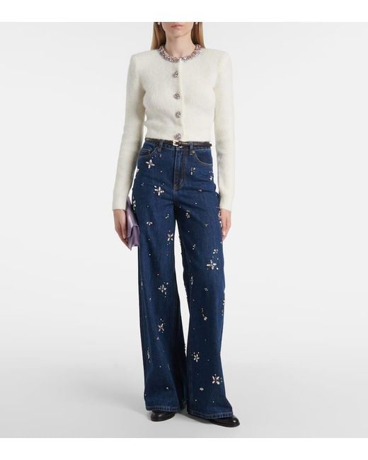 Self-Portrait White Embellished Ribbed-Knit Cardigan