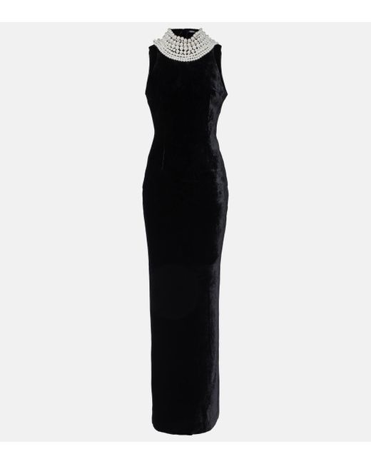 Balmain Black Pearl-embellished Velvet Gown