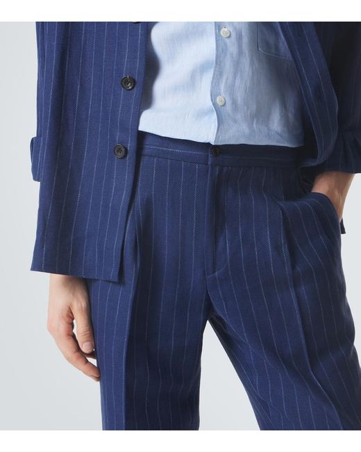 Rubinacci Blue Pinstripe Wool And Linen Straight Pants for men