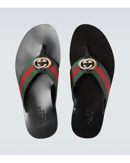 Gucci Black Kika Web-Stripe Woven Flip-Flops for men
