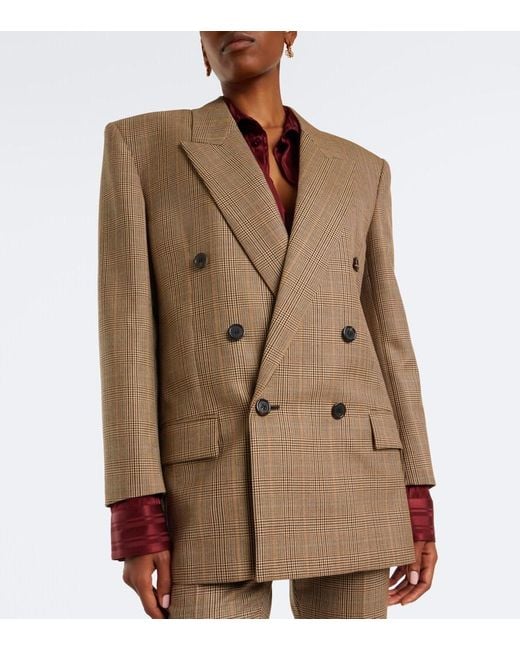 Saint Laurent Green Double-Breasted Prince Of Wales Wool Blazer