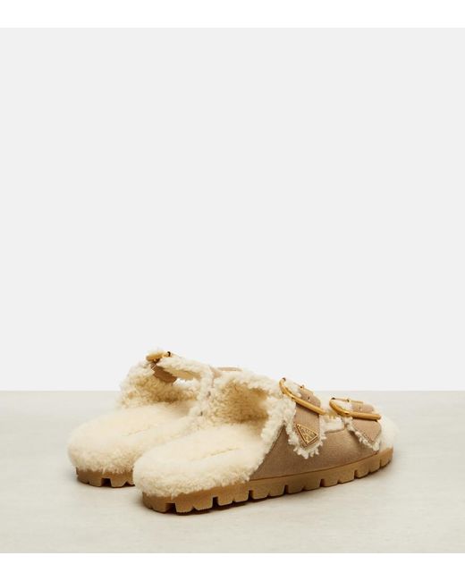 Prada Metallic Shearling-Lined Suede Sandals