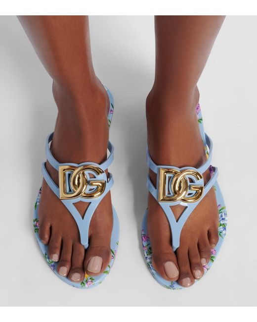 Dolce & Gabbana Blue Floral Thong Sandals