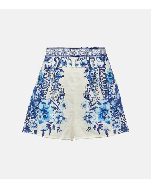 Camilla Blue Printed High-rise Linen Shorts
