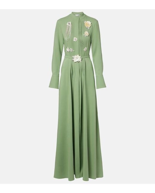Oscar de la Renta Green Embroidered Silk-Blend Georgette Gown