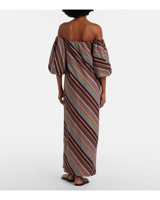 Adriana Degreas Purple Striped Off-Shoulder Cotton-Blend Maxi Dress