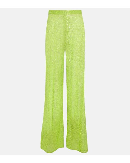 Self-Portrait Green Wide-Leg Sequined Pants