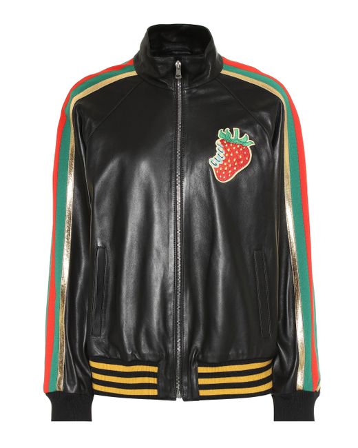 Gucci Black Leather Bomber Jacket With Strawberry