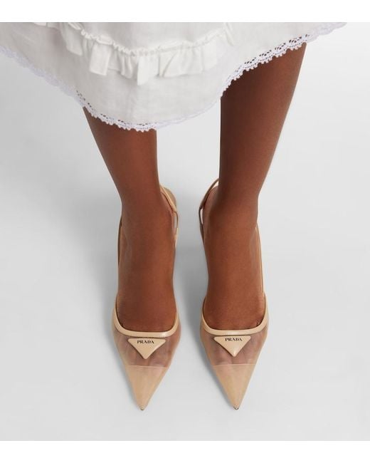 Prada White Leather-Trimmed Mesh Slingback Pumps