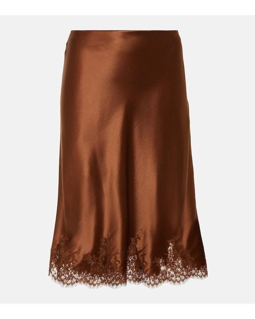Minigonna in raso di seta con pizzo di Saint Laurent in Brown