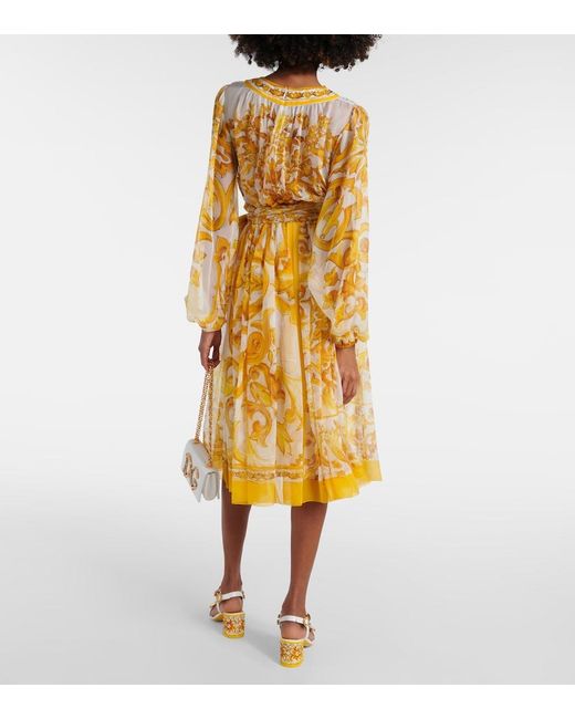 Dolce & Gabbana Metallic Majolica Silk Chiffon Midi Dress