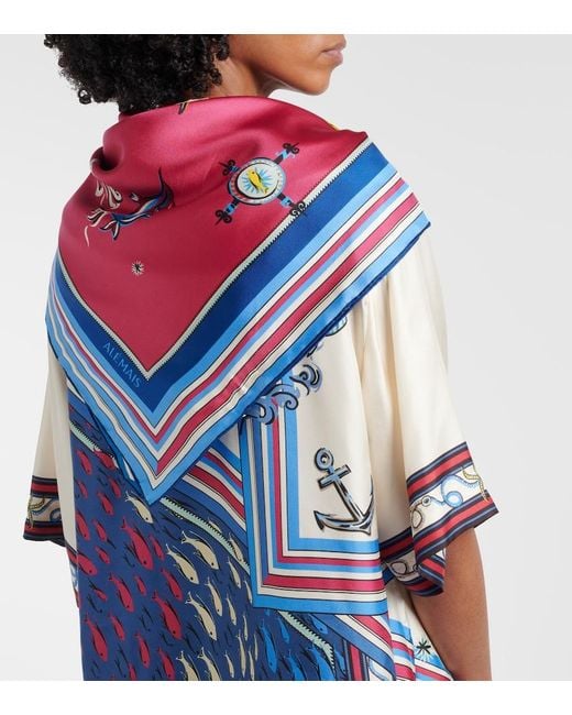 ALÉMAIS Red Printed Silk Twill Scarf