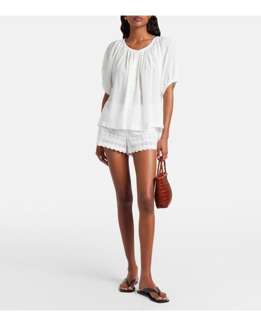 Doen White Arda Embroidered Cotton Shorts