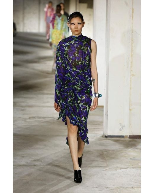 Dries Van Noten Blue Floral Ruffle-Trimmed Satin Midi Skirt