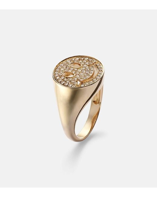 Sydney Evan Metallic Happy Face 14kt Yellow Gold Signet Ring With Diamonds