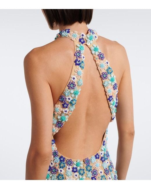 La Fuori Blue Arbor Beaded Open-Back Minidress