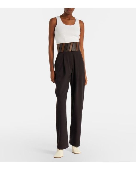 Alaïa Black Leather-Trimmed Wool Straight Pants