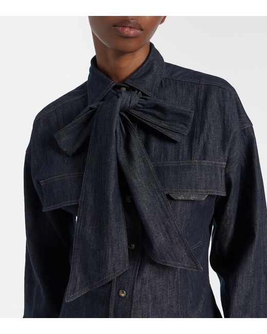 Brunello Cucinelli Blue Bow-Tie Cotton Blouse