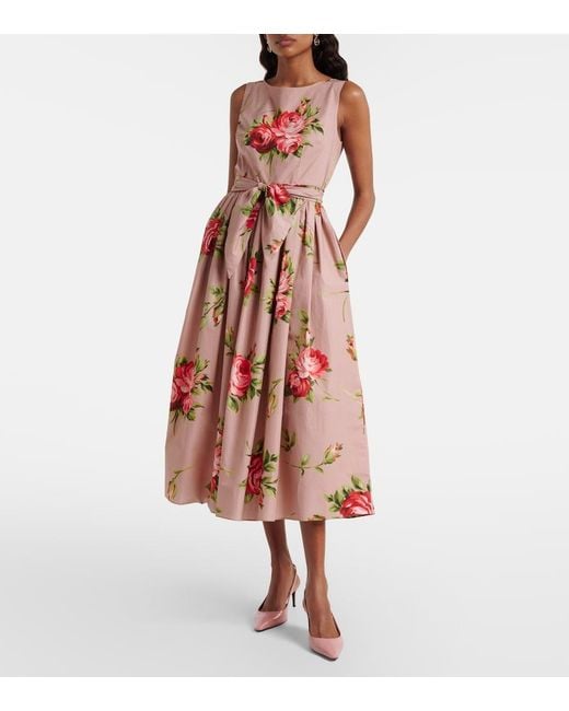 Dolce & Gabbana Red Floral Belted Cotton Midi Dress