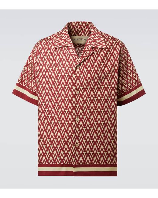 Valentino Red Toute La V Cotton Poplin Bowling Shirt for men