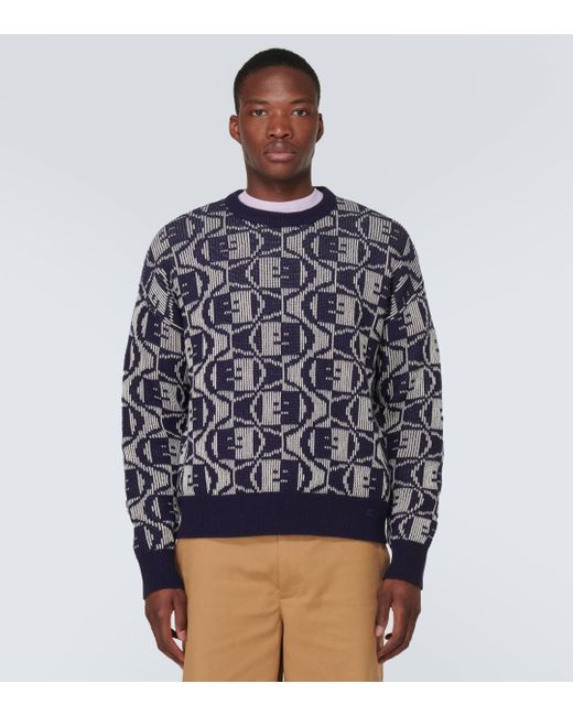 Acne Blue Face Wool And Cotton Jacquard Sweater for men