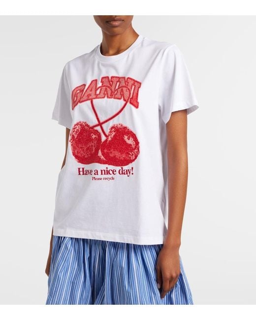 Ganni White Logo Embellished Cotton Jersey T-Shirt