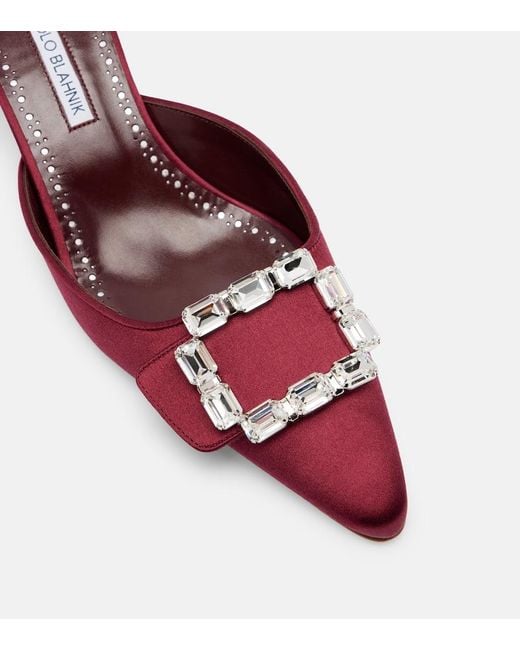 Manolo Blahnik Red Mules Mayjou 50 Aus Satin Mit Kristallen