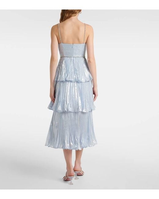 Self-Portrait Blue Feather-Trimmed Silk-Blend Chiffon Gown