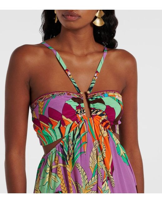 Camilla White Gathered Printed Silk Cutout Maxi Dress