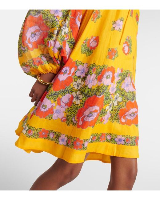 ALÉMAIS Yellow Balloon-Sleeve Floral Minidress