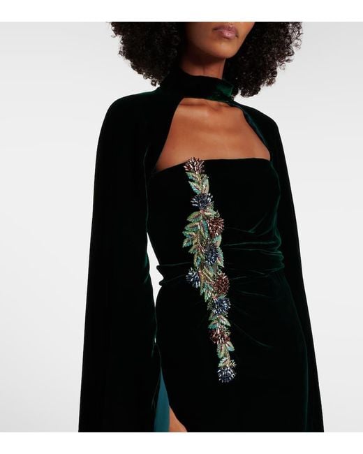 Costarellos Black Brisha Caped Embellished Velvet Gown