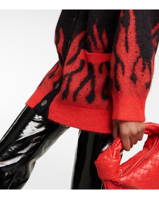 Alessandra Rich Red Embellished Mohair-Blend Jacquard Cardigan
