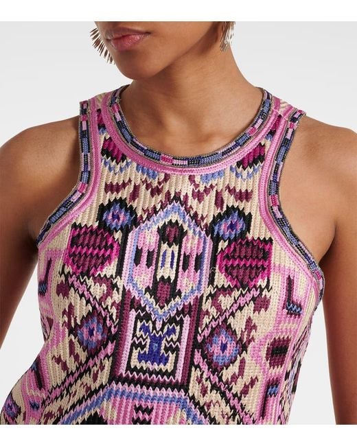 Isabel Marant Purple 'Yasmine' Sleeveless Dress With Fringed Hem And All-Over Embroidery