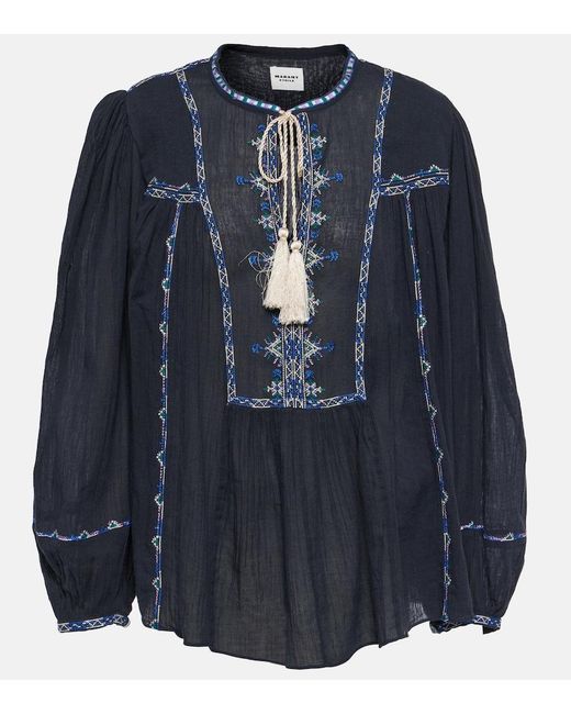 Isabel Marant Blue Silekia Embroidered Cotton Blouse