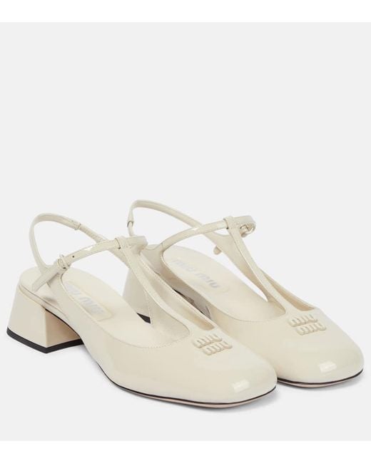 Miu Miu White Logo Patent Leather Slingback Pumps