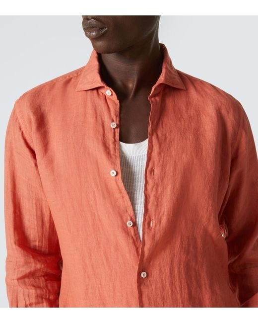 Fedeli Orange Linen Oxford Shirt for men