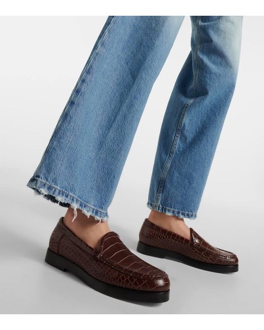 Manolo Blahnik Brown Dinelio Croc-Effect Leather Loafers