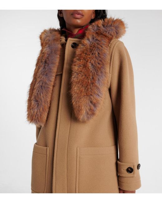 Burberry Natural Faux Fur-Trimmed Wool Coat