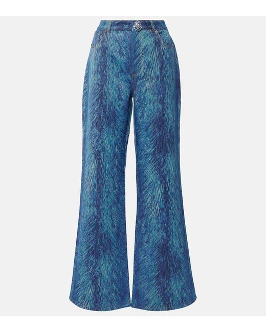 Area Blue Embellished Fur-Print Flared Jeans