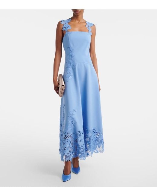 Oscar de la Renta Blue Porcelain Wool-Blend Guipure Midi Dress