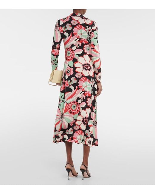 Rixo Red Tillie Floral Jersey Midi Dress