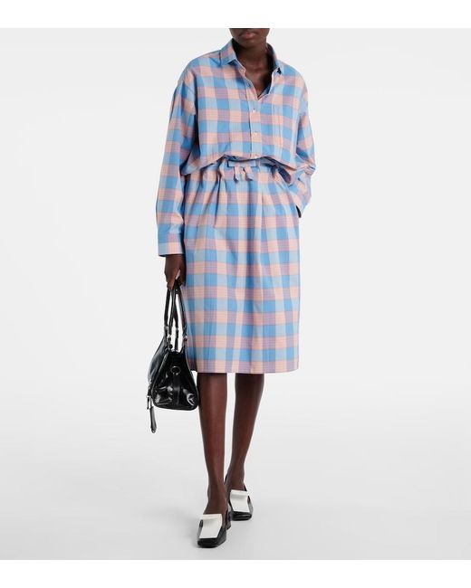 Prada Blue Checked Cotton Poplin Midi Skirt