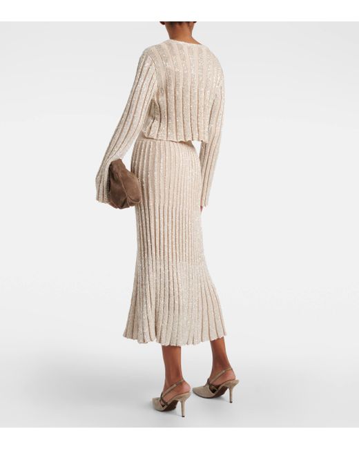 Brunello Cucinelli Natural Embellished Pleated Knit Midi Skirt
