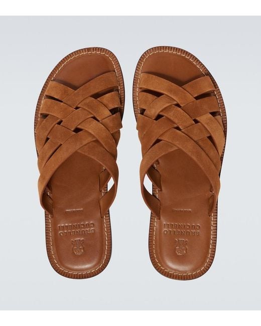 Brunello Cucinelli Brown Woven Suede Sandals for men